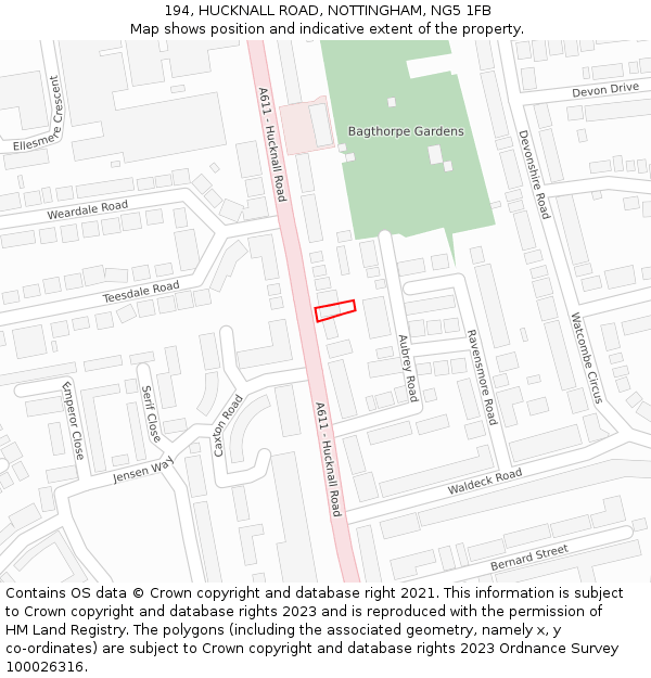 194, HUCKNALL ROAD, NOTTINGHAM, NG5 1FB: Location map and indicative extent of plot