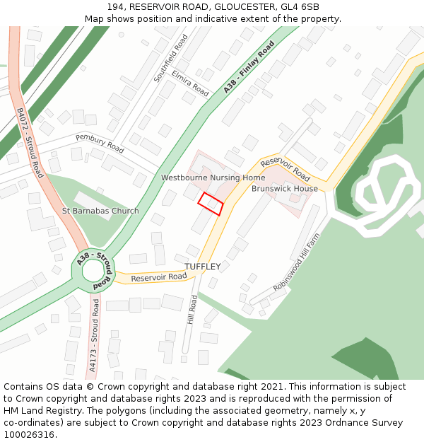 194, RESERVOIR ROAD, GLOUCESTER, GL4 6SB: Location map and indicative extent of plot