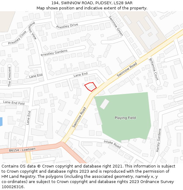 194, SWINNOW ROAD, PUDSEY, LS28 9AR: Location map and indicative extent of plot