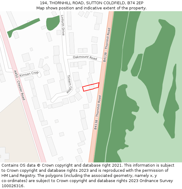 194, THORNHILL ROAD, SUTTON COLDFIELD, B74 2EP: Location map and indicative extent of plot