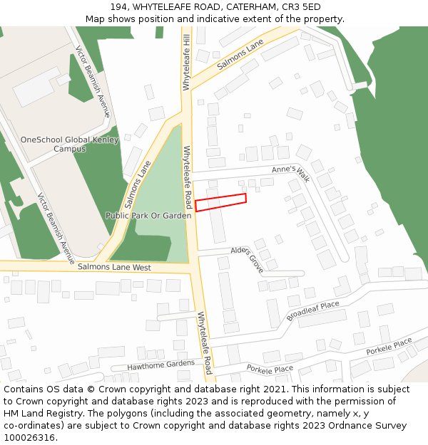 194, WHYTELEAFE ROAD, CATERHAM, CR3 5ED: Location map and indicative extent of plot