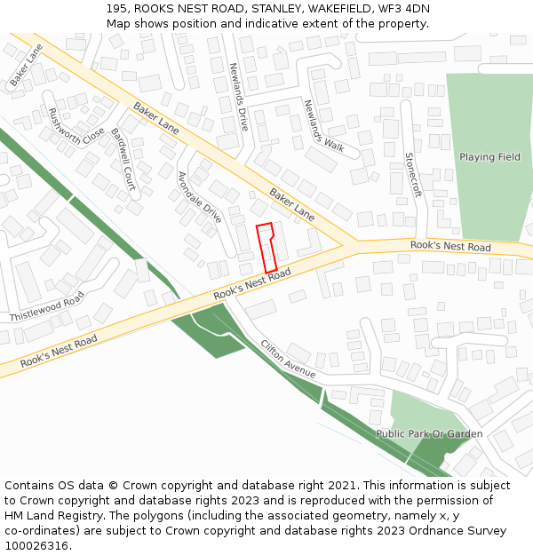 195, ROOKS NEST ROAD, STANLEY, WAKEFIELD, WF3 4DN: Location map and indicative extent of plot