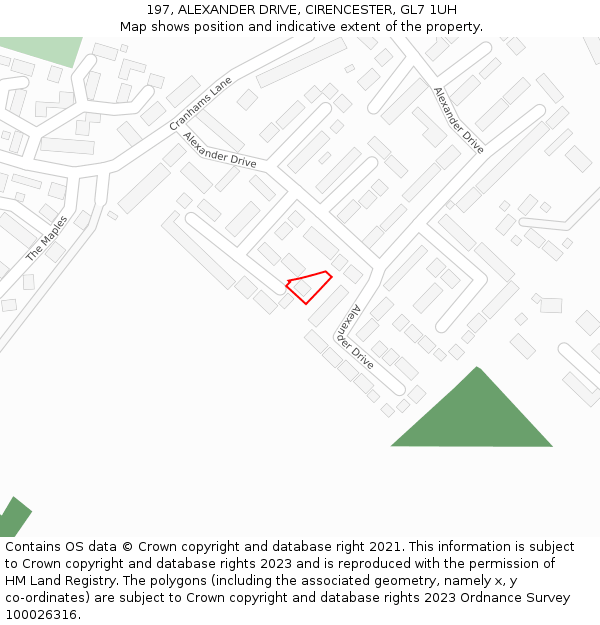 197, ALEXANDER DRIVE, CIRENCESTER, GL7 1UH: Location map and indicative extent of plot