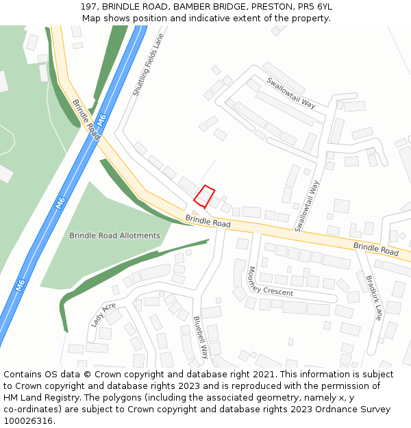 197, BRINDLE ROAD, BAMBER BRIDGE, PRESTON, PR5 6YL: Location map and indicative extent of plot