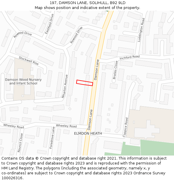 197, DAMSON LANE, SOLIHULL, B92 9LD: Location map and indicative extent of plot