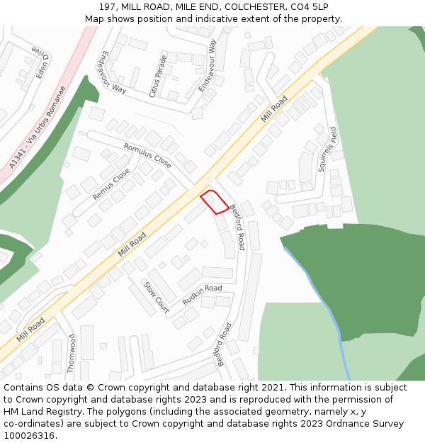 197, MILL ROAD, MILE END, COLCHESTER, CO4 5LP: Location map and indicative extent of plot