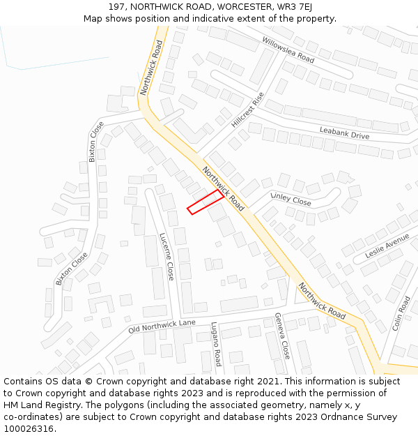 197, NORTHWICK ROAD, WORCESTER, WR3 7EJ: Location map and indicative extent of plot