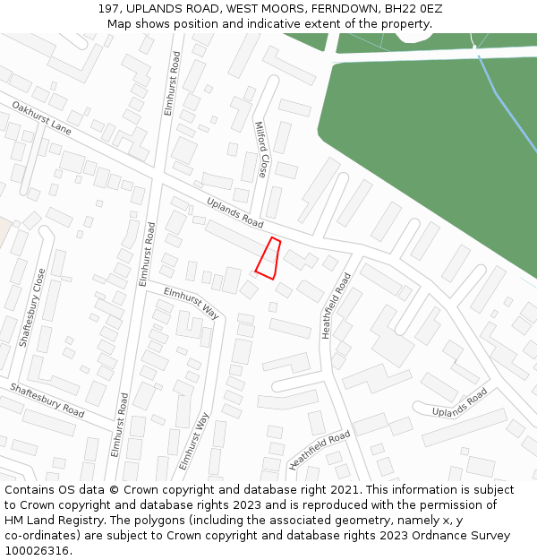 197, UPLANDS ROAD, WEST MOORS, FERNDOWN, BH22 0EZ: Location map and indicative extent of plot