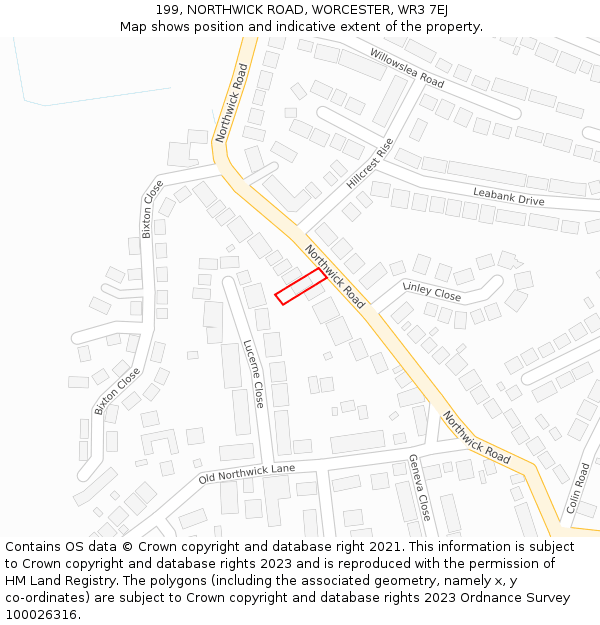 199, NORTHWICK ROAD, WORCESTER, WR3 7EJ: Location map and indicative extent of plot