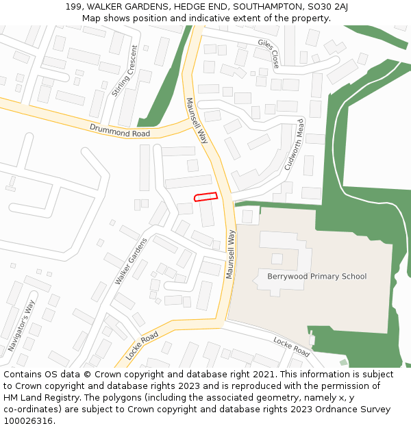 199, WALKER GARDENS, HEDGE END, SOUTHAMPTON, SO30 2AJ: Location map and indicative extent of plot