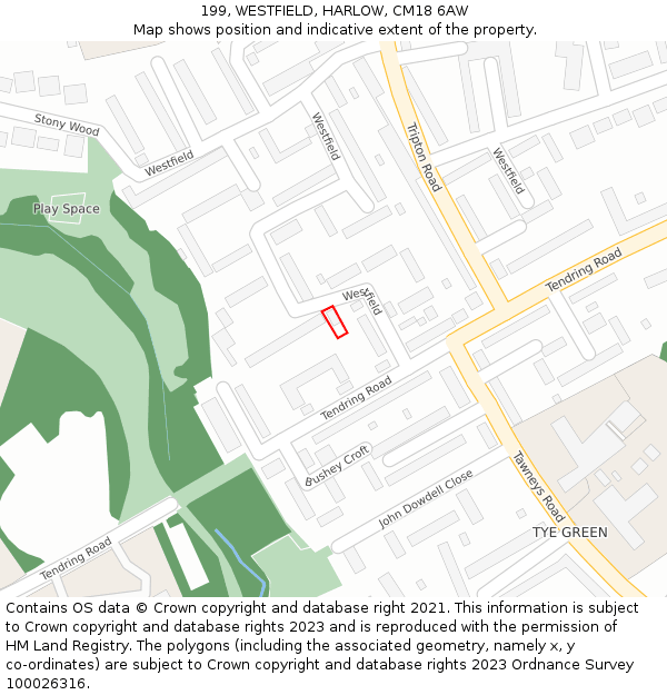199, WESTFIELD, HARLOW, CM18 6AW: Location map and indicative extent of plot