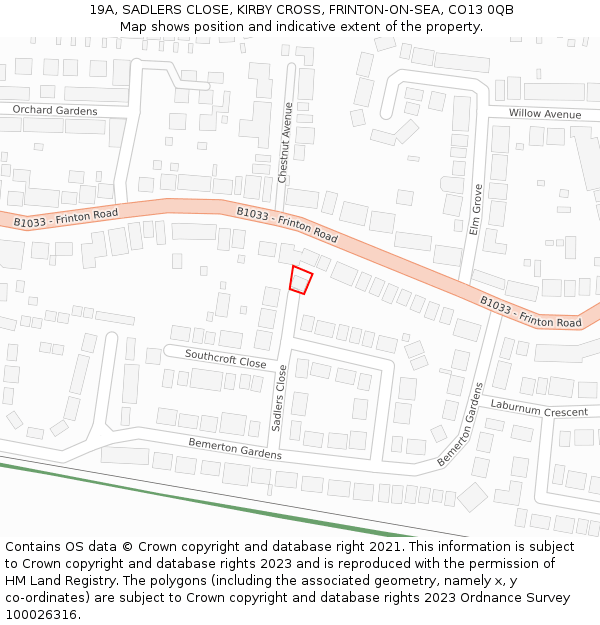 19A, SADLERS CLOSE, KIRBY CROSS, FRINTON-ON-SEA, CO13 0QB: Location map and indicative extent of plot
