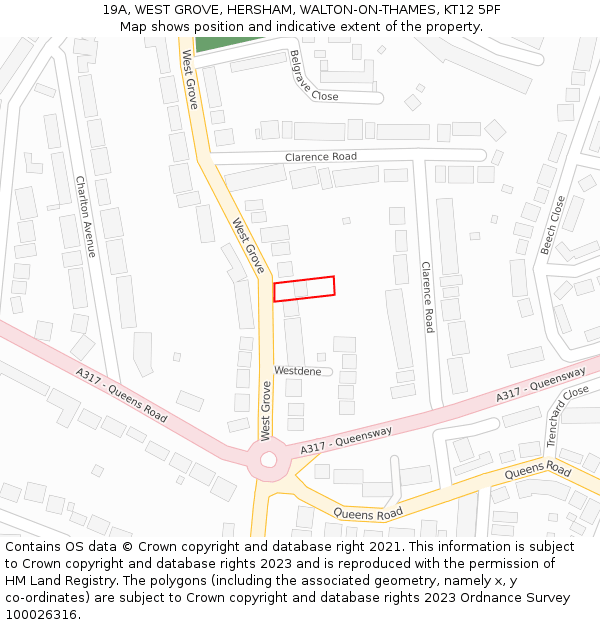 19A, WEST GROVE, HERSHAM, WALTON-ON-THAMES, KT12 5PF: Location map and indicative extent of plot