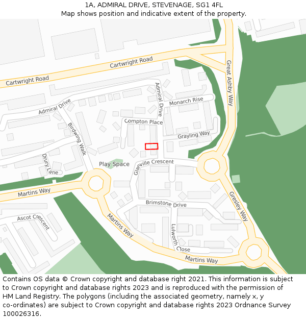 1A, ADMIRAL DRIVE, STEVENAGE, SG1 4FL: Location map and indicative extent of plot