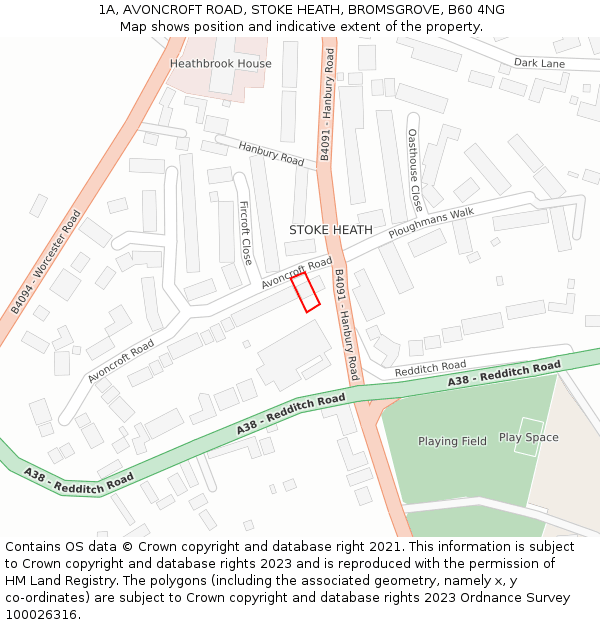 1A, AVONCROFT ROAD, STOKE HEATH, BROMSGROVE, B60 4NG: Location map and indicative extent of plot