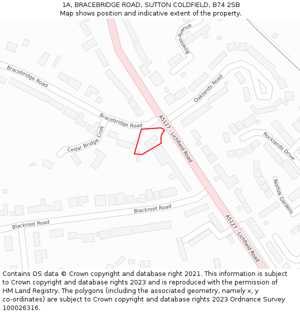 1A, BRACEBRIDGE ROAD, SUTTON COLDFIELD, B74 2SB: Location map and indicative extent of plot