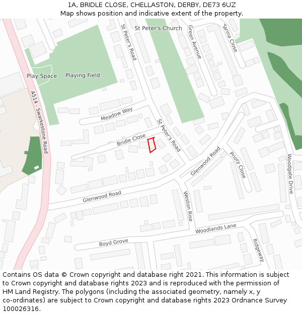 1A, BRIDLE CLOSE, CHELLASTON, DERBY, DE73 6UZ: Location map and indicative extent of plot