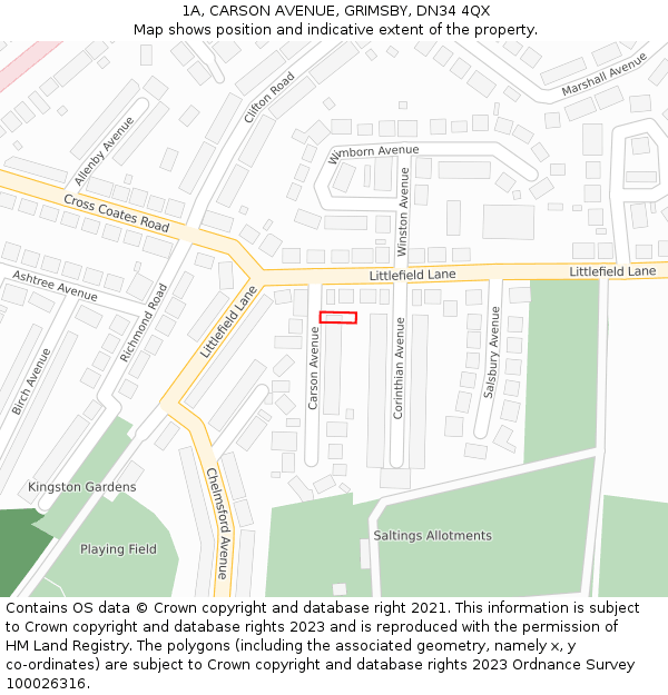 1A, CARSON AVENUE, GRIMSBY, DN34 4QX: Location map and indicative extent of plot