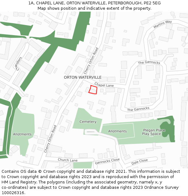1A, CHAPEL LANE, ORTON WATERVILLE, PETERBOROUGH, PE2 5EG: Location map and indicative extent of plot