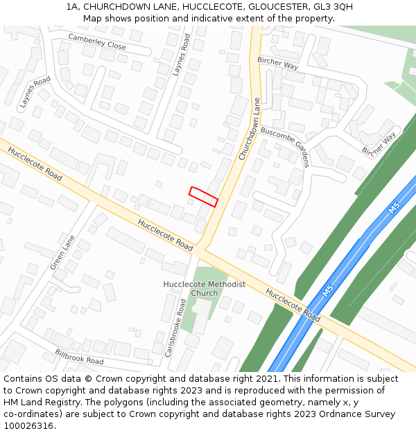1A, CHURCHDOWN LANE, HUCCLECOTE, GLOUCESTER, GL3 3QH: Location map and indicative extent of plot
