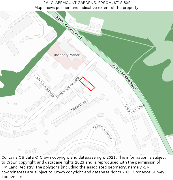 1A, CLAREMOUNT GARDENS, EPSOM, KT18 5XF: Location map and indicative extent of plot