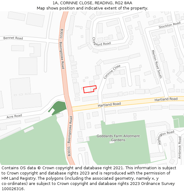 1A, CORINNE CLOSE, READING, RG2 8AA: Location map and indicative extent of plot