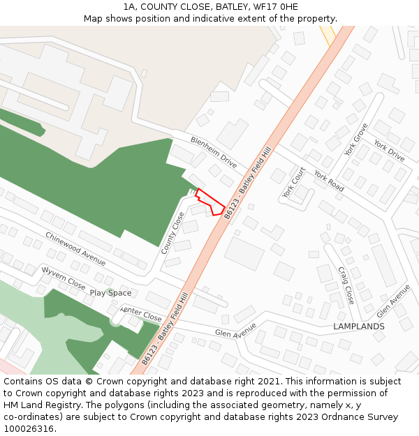 1A, COUNTY CLOSE, BATLEY, WF17 0HE: Location map and indicative extent of plot
