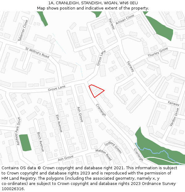 1A, CRANLEIGH, STANDISH, WIGAN, WN6 0EU: Location map and indicative extent of plot