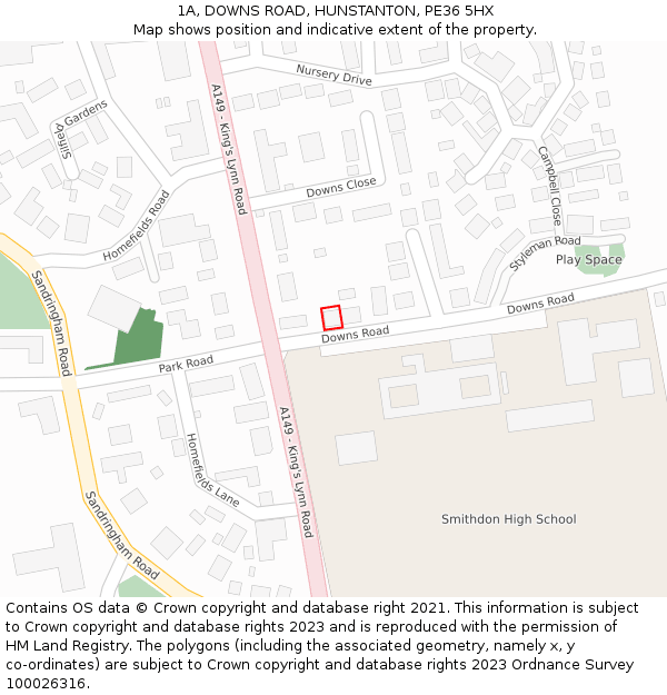 1A, DOWNS ROAD, HUNSTANTON, PE36 5HX: Location map and indicative extent of plot