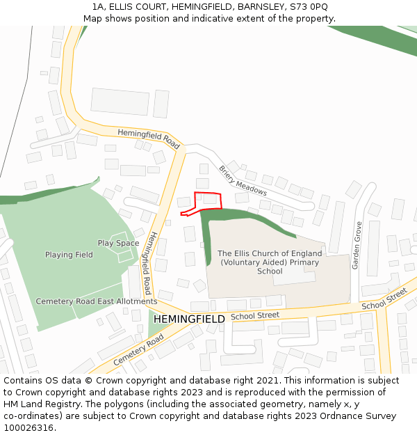 1A, ELLIS COURT, HEMINGFIELD, BARNSLEY, S73 0PQ: Location map and indicative extent of plot