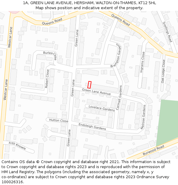 1A, GREEN LANE AVENUE, HERSHAM, WALTON-ON-THAMES, KT12 5HL: Location map and indicative extent of plot
