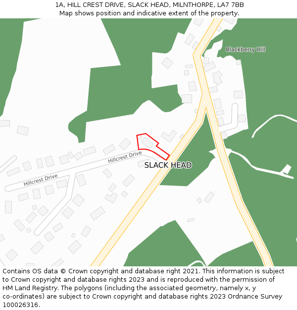 1A, HILL CREST DRIVE, SLACK HEAD, MILNTHORPE, LA7 7BB: Location map and indicative extent of plot
