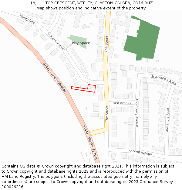 1A, HILLTOP CRESCENT, WEELEY, CLACTON-ON-SEA, CO16 9HZ: Location map and indicative extent of plot