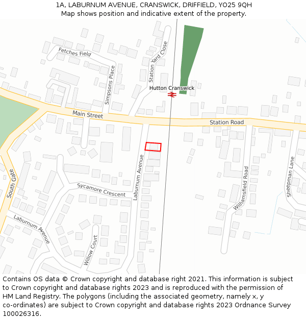 1A, LABURNUM AVENUE, CRANSWICK, DRIFFIELD, YO25 9QH: Location map and indicative extent of plot