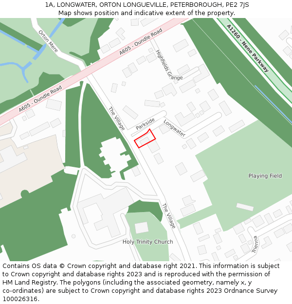 1A, LONGWATER, ORTON LONGUEVILLE, PETERBOROUGH, PE2 7JS: Location map and indicative extent of plot