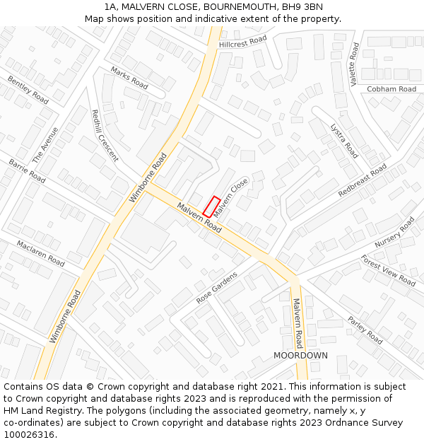 1A, MALVERN CLOSE, BOURNEMOUTH, BH9 3BN: Location map and indicative extent of plot