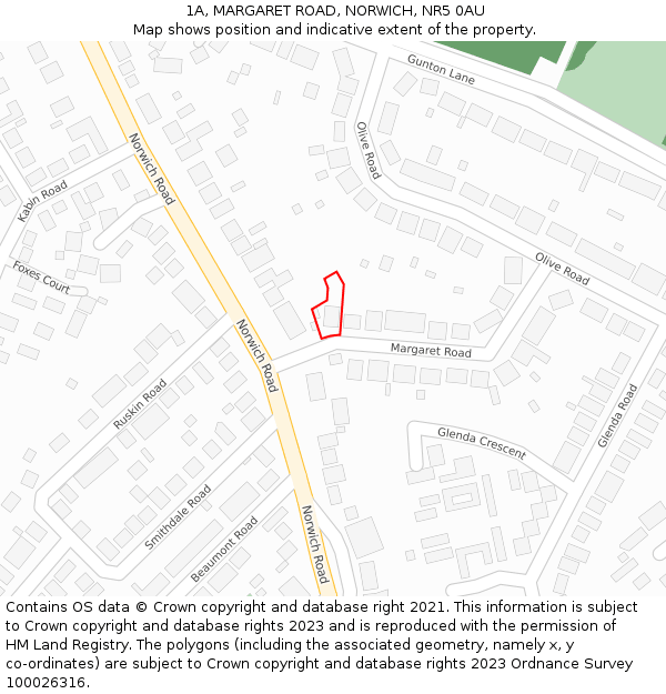 1A, MARGARET ROAD, NORWICH, NR5 0AU: Location map and indicative extent of plot