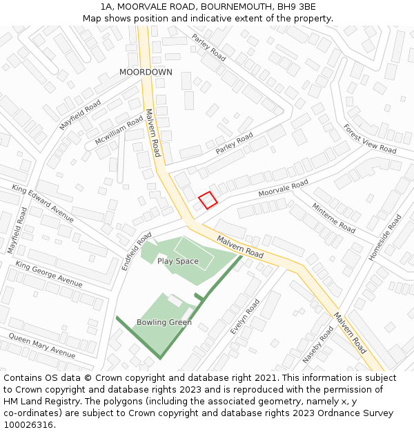 1A, MOORVALE ROAD, BOURNEMOUTH, BH9 3BE: Location map and indicative extent of plot
