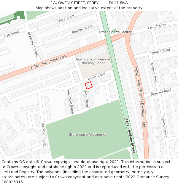 1A, OWEN STREET, FERRYHILL, DL17 8NA: Location map and indicative extent of plot