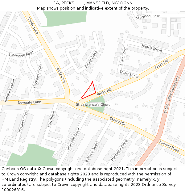 1A, PECKS HILL, MANSFIELD, NG18 2NN: Location map and indicative extent of plot