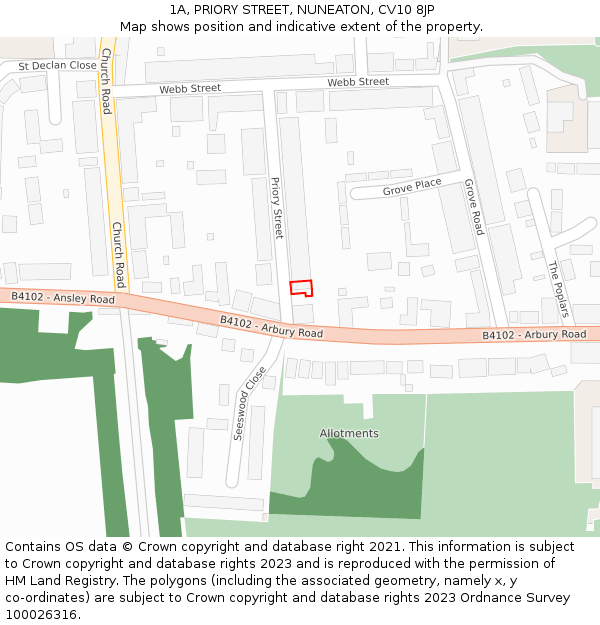 1A, PRIORY STREET, NUNEATON, CV10 8JP: Location map and indicative extent of plot