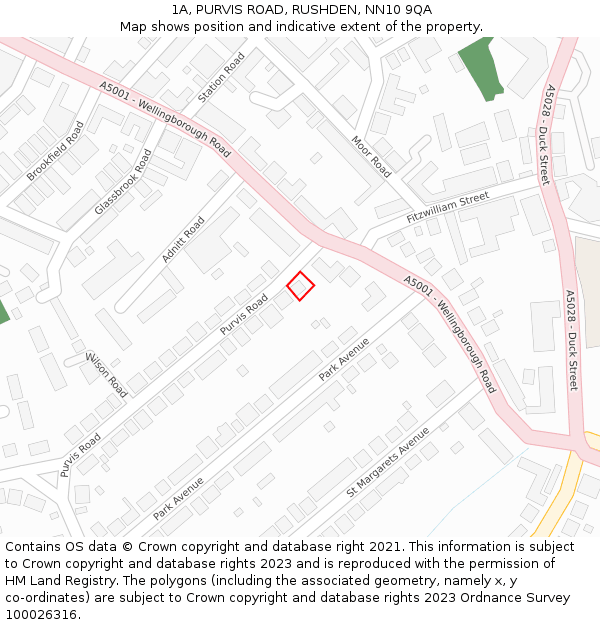 1A, PURVIS ROAD, RUSHDEN, NN10 9QA: Location map and indicative extent of plot