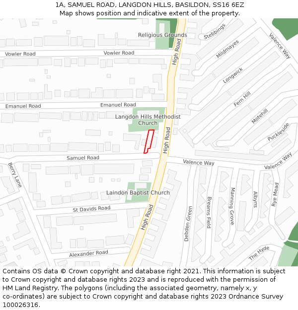1A, SAMUEL ROAD, LANGDON HILLS, BASILDON, SS16 6EZ: Location map and indicative extent of plot