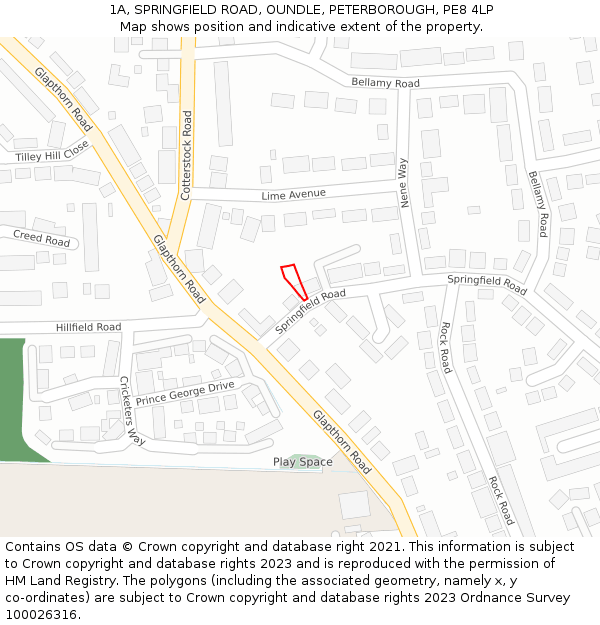 1A, SPRINGFIELD ROAD, OUNDLE, PETERBOROUGH, PE8 4LP: Location map and indicative extent of plot
