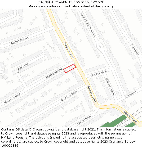 1A, STANLEY AVENUE, ROMFORD, RM2 5DL: Location map and indicative extent of plot
