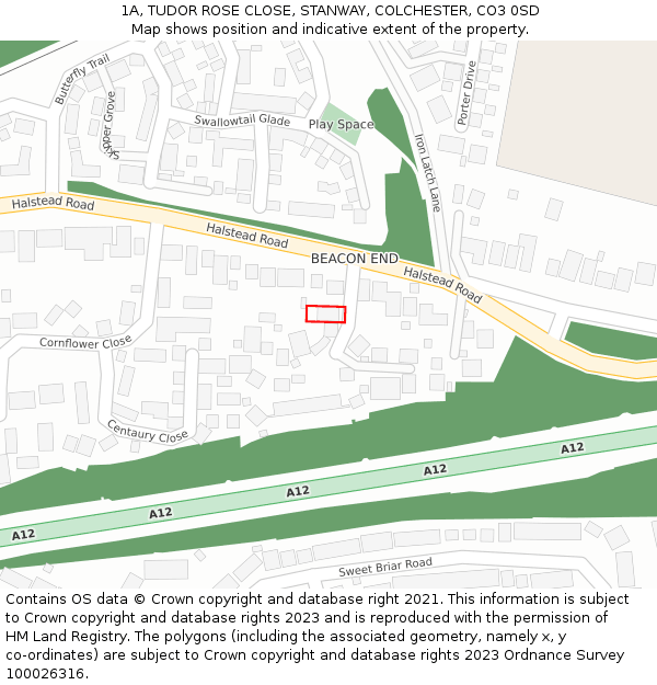 1A, TUDOR ROSE CLOSE, STANWAY, COLCHESTER, CO3 0SD: Location map and indicative extent of plot