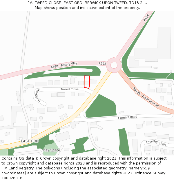 1A, TWEED CLOSE, EAST ORD, BERWICK-UPON-TWEED, TD15 2LU: Location map and indicative extent of plot