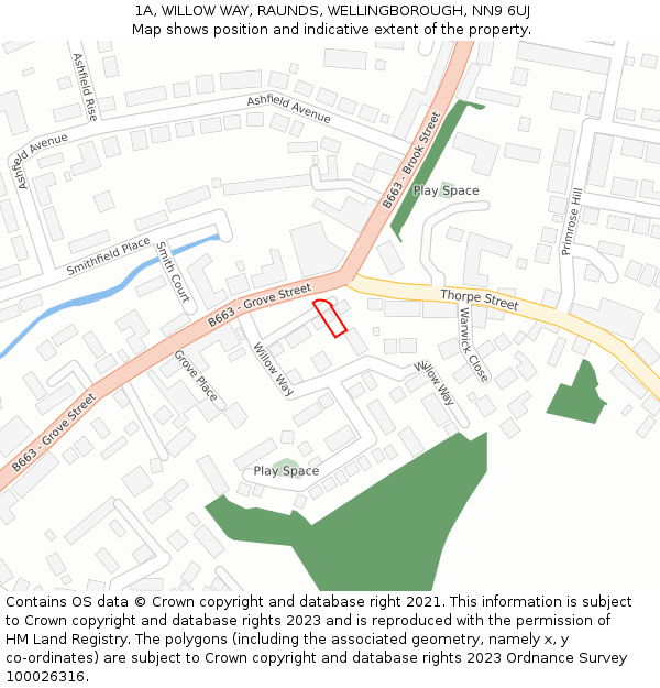 1A, WILLOW WAY, RAUNDS, WELLINGBOROUGH, NN9 6UJ: Location map and indicative extent of plot