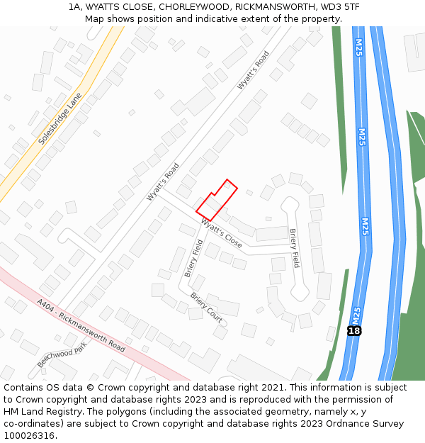 1A, WYATTS CLOSE, CHORLEYWOOD, RICKMANSWORTH, WD3 5TF: Location map and indicative extent of plot