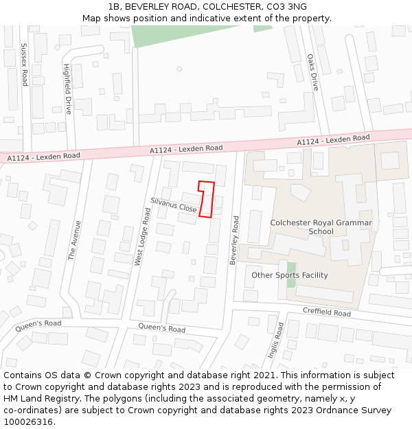 1B, BEVERLEY ROAD, COLCHESTER, CO3 3NG: Location map and indicative extent of plot